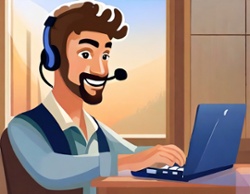A customer service person wearing a headset helping a customer with an issue they are having