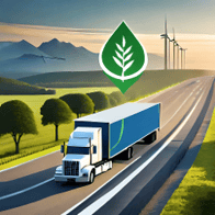 a semi-truck driving on the road with a green leaf hovering above it