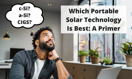 A man with a head sitting at a desk looking up with the text "Which portable solar technology is best: a primer"