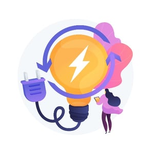 Illustration of a woman with a lightbulb analyzing energy consumption and creation