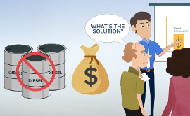 Man asks Whats the solution pointing at reduced diesel chart. Barrels crossed out money bag shown Seeking alternatives to diesel use-1