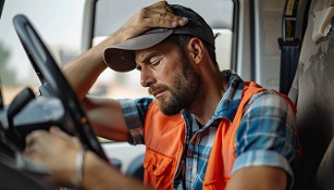 hicle cabin with eyes closed and hand on forehead, looking fatigued