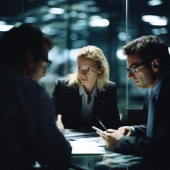 Three business professionals in a serious discussion at a conference table, working together on documents and using electronic devices.