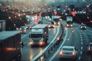 Trucks and cars on highway with digital network overlay. Location pins highlight connected transportation system at dusk