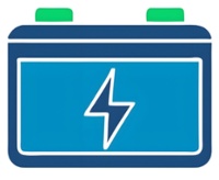 Icon of a car battery with lightning bolt symbol. Blue rectangular shape with green caps, representing electrical power storage