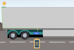 Illustration of a truck trailer with solar panels on top, connected to a battery icon below. Green dotted line shows energy flow