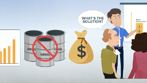 Man asks Whats the solution pointing at reduced diesel chart Barrels crossed out money bag shown Seeking alternatives to diesel use-1