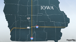 Map of Iowa showing major highways I-80 and I-35, with a truck icon and a building icon. PowerFilm Solar logo in corner