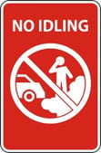 Red NO IDLING sign with circular icon showing a crossed-out person standing next to a car emitting exhaust fumes