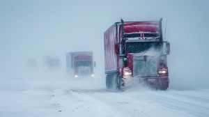 Semitruck convoy traveling through a blizzard