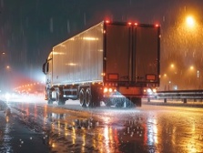 semi truck with trailer driving at night in the rain