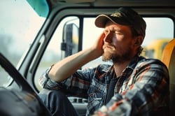 Exhausted bearded man in plaid shirt and cap rubs his face while sitting in drivers seat of vehicle, appearing stressed