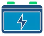 Icon of a car battery with a lightning bolt symbol. Blue rectangular shape with green caps, representing electrical power storage