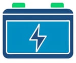 Icon of a car battery with a lightning bolt symbol. Blue rectangular shape with green caps, representing electrical power storage