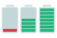 Three battery icons showing different charge levels low, medium, and full, representing varying states of battery power.