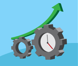 Two gray gears, one with a clock face, support a rising green arrow against a blue background