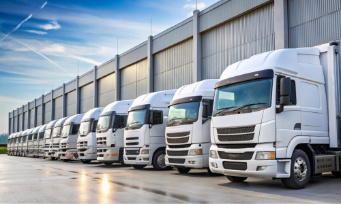 A row of white trucks parked outside a large warehouse on a bright day, ready for delivery or transport operations.