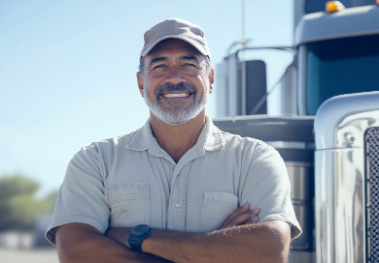 Smiling truck driver with arms crossed in front of a large semi-truck, wearing a light-colored cap and shirt, with a bright sky in the background