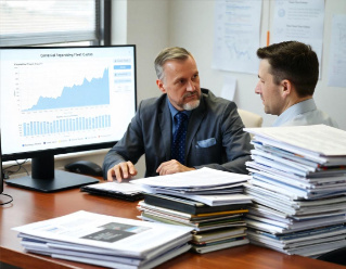 Two businessmen are sitting at a desk with stacks of documents, discussing a chart displayed on a computer screen in an office setting.