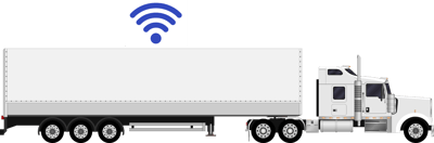 White semi-truck with a large trailer, featuring a blue Wi-Fi icon above the trailer, representing telematics connectivity.