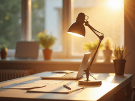 A sunlit workspace featuring a modern desk lamp, an open laptop, and scattered documents on a wooden desk. Large windows in the background allow warm sunlight to stream in, illuminating potted plants and creating a cozy atmosphere.