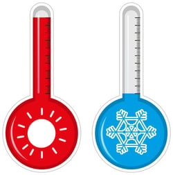 Two illustrated thermometers side by side. The left thermometer is red, filled to a high level, and features a sun icon, representing heat. The right thermometer is blue, filled to a low level, and features a snowflake icon, representing cold.