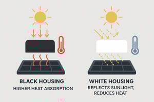 A diagram comparing black housing absorbing more heat and white housing reflecting sunlight to reduce heat, with sun, thermometers, and arrows illustrating heat flow.
