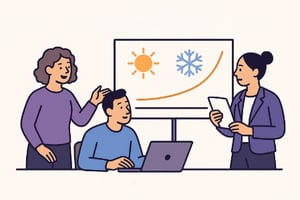 Three people discussing a presentation with a laptop and a screen showing a rising graph, sun, and snowflake symbols."