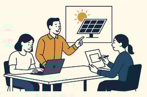 Three people collaborating at a table with a laptop and drawing pad, discussing a presentation showing a solar panel and sun icon on a screen.