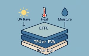 Diagram showing solar panel layers with ETFE on top, TPU or EVA in the middle, and a solar cell at the bottom, protecting against UV rays, heat, and moisture.
