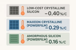 Comparison chart showing temperature coefficients for low-cost crystalline silicon, Maxeon crystalline, and amorphous silicon with associated icons and percentage values.