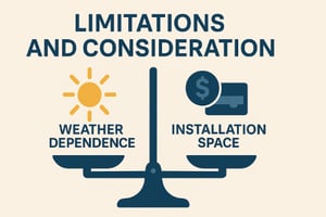 Graphic showing a balance scale with weather dependence and installation space as limitations for solar panel use in trucking.