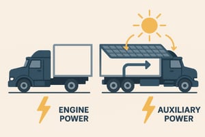 Illustration comparing a standard truck using engine power with a solar-powered truck using rooftop panels for auxiliary power under sunlight.
