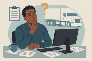 Illustration of a man at a desk looking thoughtful, with a question mark and a truck in the background, suggesting decision-making about trucking.