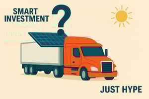 Illustration of a red truck with rooftop solar panels under a sun, flanked by the text 'Smart Investment' and 'Just Hype' with a large question mark above.