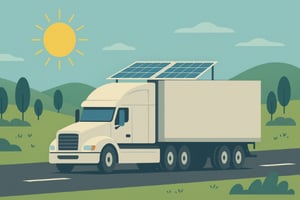 Illustration of a white semi-truck driving on a road with solar panels on its roof under a sunny sky in a green, hilly landscape.