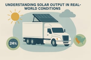 Illustration of a white truck with solar panels under partly cloudy skies, showing 24% output and a map, with text about real-world solar performance.