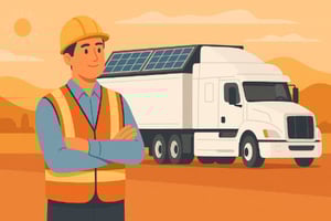 Illustration of a worker in a safety vest and helmet standing confidently in front of a truck equipped with rooftop solar panels in a sunny, desert-like landscape.