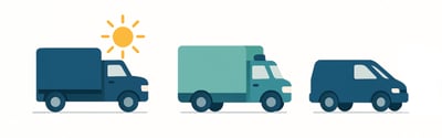 Illustration of three different trucks, with the first under a sun symbolizing solar energy, suggesting a comparison of vehicle types or energy sources.