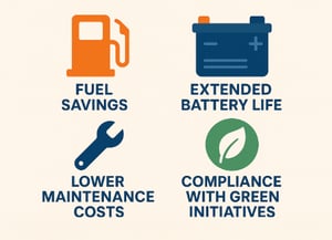 Infographic highlighting solar truck benefits fuel savings, extended battery life, lower maintenance costs, and compliance with green initiatives.
