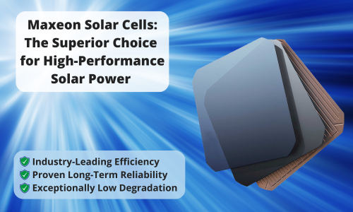 Stack of Maxeon solar cells on a blue radial background with text promoting high performance, efficiency, reliability, and low degradation.