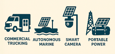 cons showing solar panel applications: commercial trucking, autonomous marine vessels, smart cameras, and portable power systems.