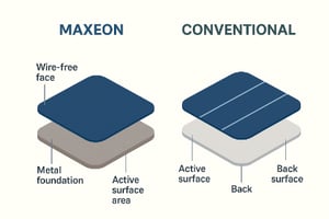 Diagram comparing Maxeon and conventional solar cells, highlighting Maxeon's wire-free face and metal foundation versus conventional cell's wired surface and back layer.