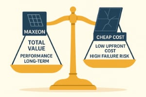 Illustration of a scale comparing Maxeon solar panels with total value and long-term performance against cheaper panels with low cost and high failure risk.