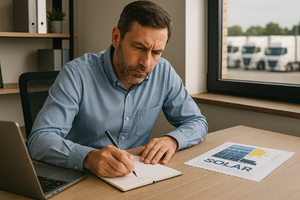Fleet manager at his desk calculating ROI