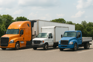 Three commercial vehicles—an orange semi-truck, a white box truck, and a blue flatbed truck—parked side by side in a lot
