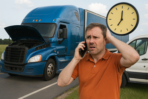 Worried man on phone stands near a broken-down blue semi-truck with hood open and a large clock behind him showing time pressure