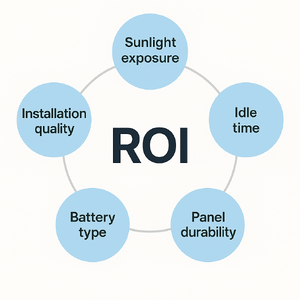 Infographic showing five factors affecting ROI: sunlight exposure, idle time, panel durability, battery type, and installation quality. 