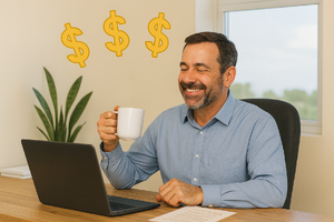 Smiling man holding a coffee mug at a desk with a laptop, with three dollar signs above his head indicating financial success