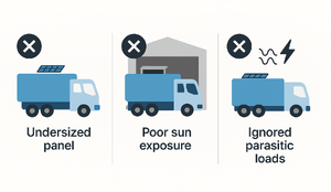 Infographic showing three solar truck issues: undersized panel, poor sun exposure, and ignored parasitic loads.